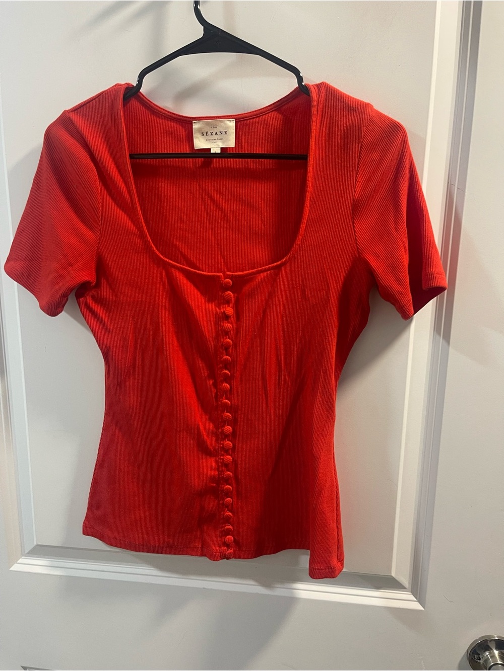 Sezane Red Button-Front Scoop Neck Tee Cotton